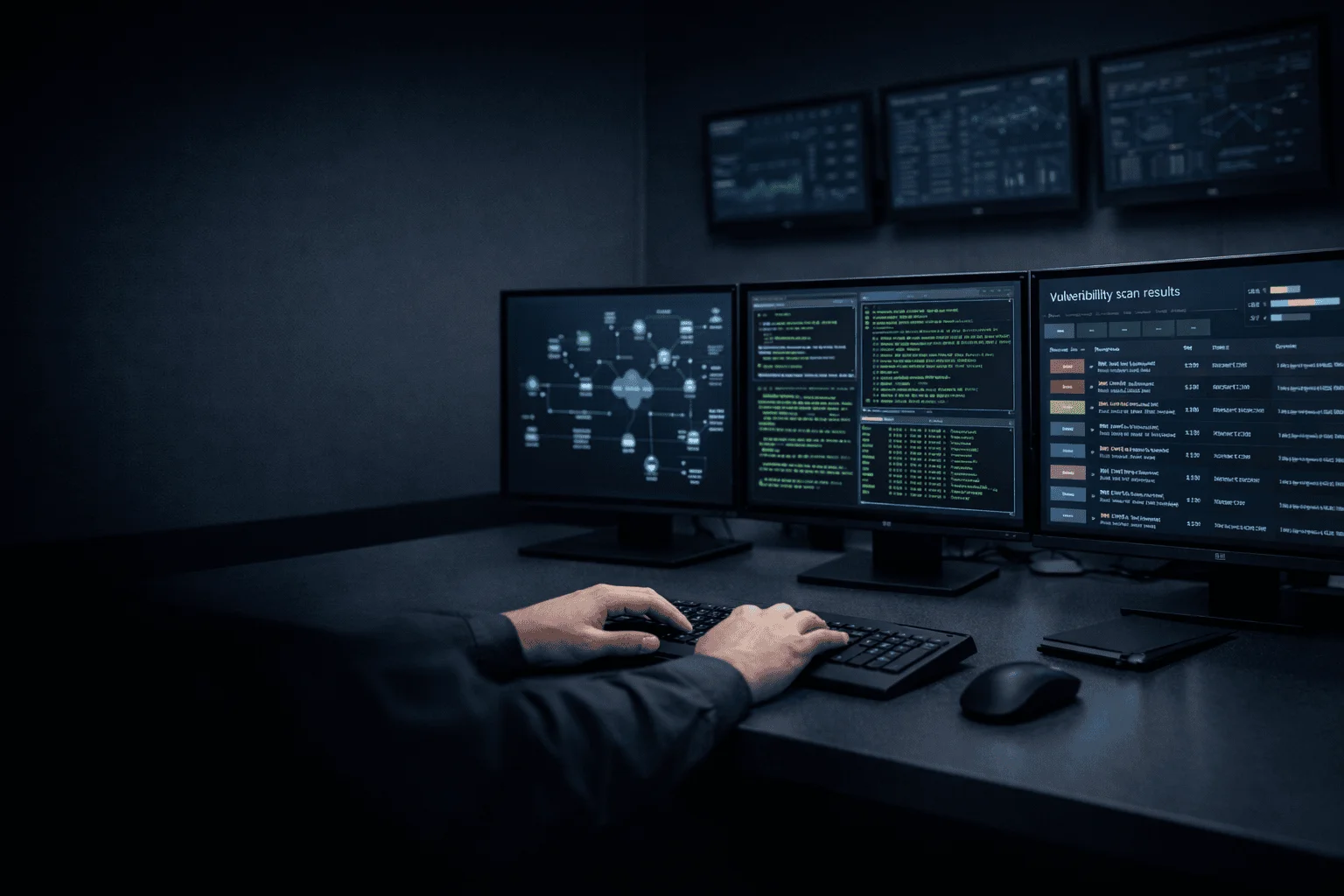 Equipo de pentesting analizando resultados de pruebas de penetración en infraestructura empresarial